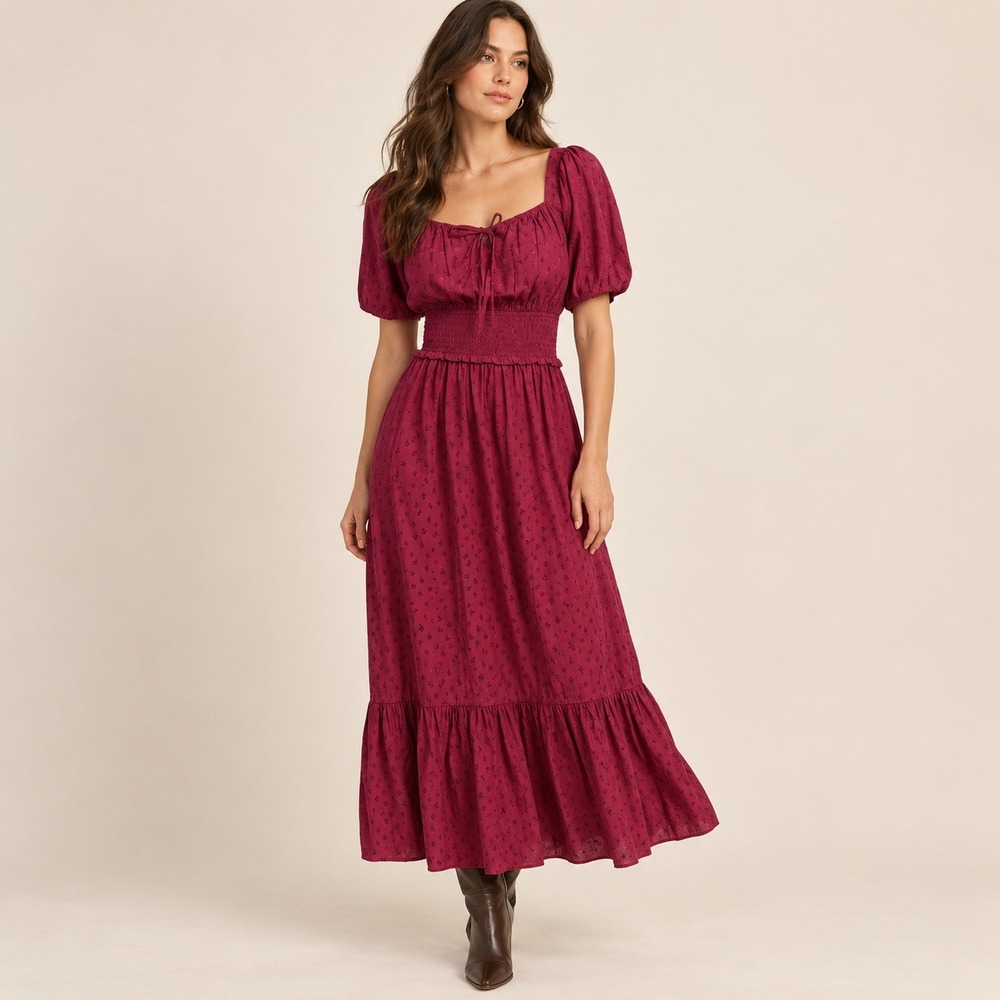 Paige Avonne Dobby maxi Dress Womens S Burgundy Smocked Waist Jacquard Floral